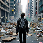 **Prompt:** A person standing amidst a chaotic, fast-paced urban environment, their face reflecting overwhelm and exhaustion. Blurred movements and digital noise surround them, symbolizing mental clutter and the relentless pressure of modern life. They appear to be searching for a path towards inner peace in this stressful landscape. Emphasize the sense of being lost and overwhelmed in a contemporary, high-pressure world.