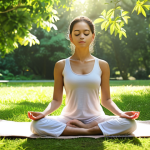 **A serene woman practicing mindfulness meditation in a sunlit park, surrounded by lush greenery. Focus on conveying peace and inner harmony.**