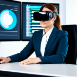 A focused professional woman in a modest business suit, seated at a modern desk in a sleek, well-lit office. She is immersed in a virtual reality simulation, indicated by subtle holographic data interfaces and a glowing screen reflecting on her face, representing a salary negotiation practice session. Her expression is serene and concentrated, embodying a safe space for repetition and learning. She is fully clothed, appropriate attire, safe for work, perfect anatomy, correct proportions, natural pose, well-formed hands, proper finger count, professional, high-resolution photography, studio lighting.
