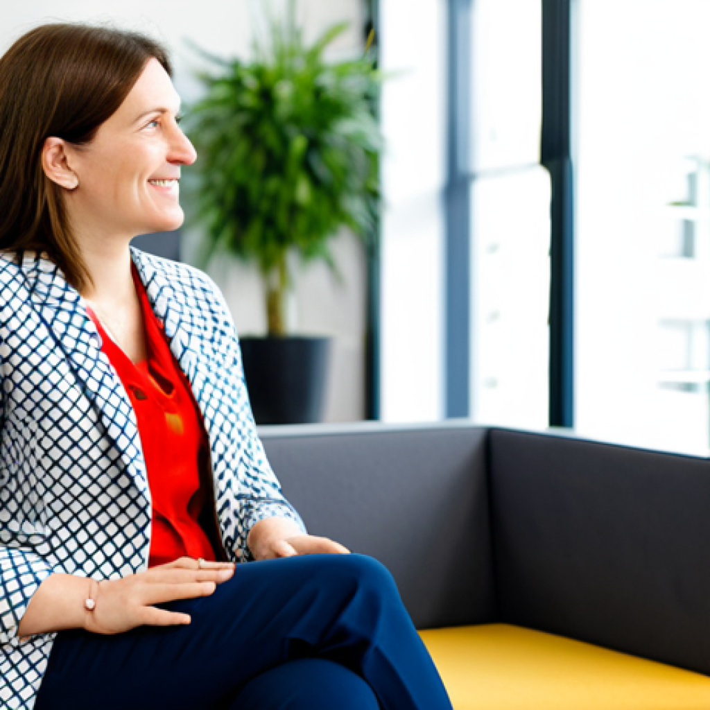 A professional female Wellbeing Coordinator, in her late 30s, with a genuine and empathetic expression, seated across from a colleague in a modern, brightly lit office lounge area. She is dressed in a modest, professional blazer and a soft, patterned blouse, with tailored trousers. Her posture is open and inviting, demonstrating active listening as she engages in a supportive conversation. The colleague is also fully clothed in appropriate business casual attire. The background includes comfortable office furniture and a subtle plant, conveying a calm and welcoming atmosphere. perfect anatomy, correct proportions, natural pose, well-formed hands, proper finger count, natural body proportions, professional photography, high quality, safe for work, appropriate content, fully clothed, professional dress, family-friendly.