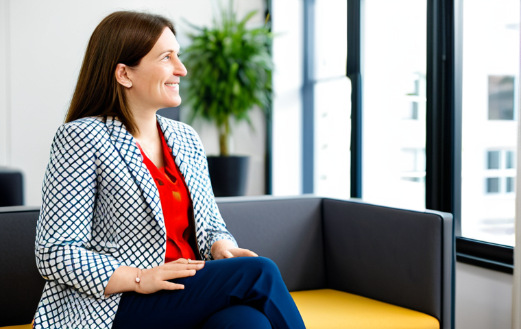 A professional female Wellbeing Coordinator, in her late 30s, with a genuine and empathetic expression, seated across from a colleague in a modern, brightly lit office lounge area. She is dressed in a modest, professional blazer and a soft, patterned blouse, with tailored trousers. Her posture is open and inviting, demonstrating active listening as she engages in a supportive conversation. The colleague is also fully clothed in appropriate business casual attire. The background includes comfortable office furniture and a subtle plant, conveying a calm and welcoming atmosphere. perfect anatomy, correct proportions, natural pose, well-formed hands, proper finger count, natural body proportions, professional photography, high quality, safe for work, appropriate content, fully clothed, professional dress, family-friendly.