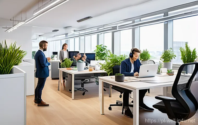 웰빙코디네이터 자격증 시험 준비 일정 - **Prompt:** A vibrant, wide-angle shot of a modern, bright open-plan office in a bustling Polish cit...