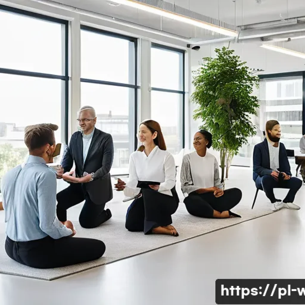 웰빙코디네이터와 리더십 개발 - **A Diverse Team Thriving with a Wellbeing Coordinator:**
    An overhead shot of a bright, modern o...
