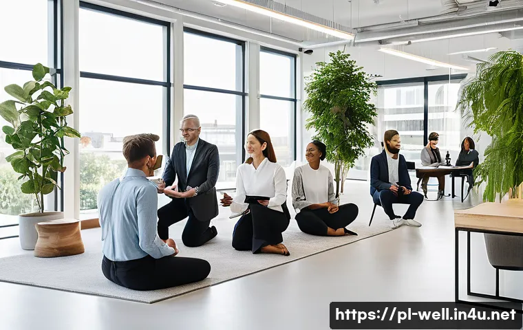 웰빙코디네이터와 리더십 개발 - **A Diverse Team Thriving with a Wellbeing Coordinator:**
    An overhead shot of a bright, modern o...