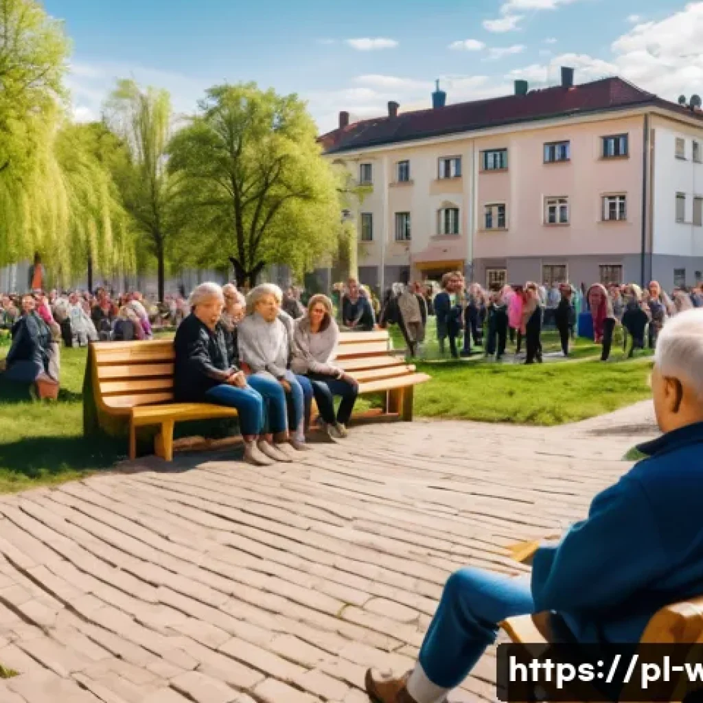 웰빙코디네이터와 지역 커뮤니티 활동 - A vibrant local community event in a Polish neighborhood park during spring, featuring diverse group...