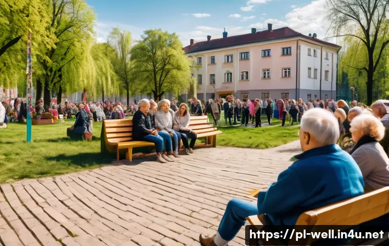 웰빙코디네이터와 지역 커뮤니티 활동 - A vibrant local community event in a Polish neighborhood park during spring, featuring diverse group...
