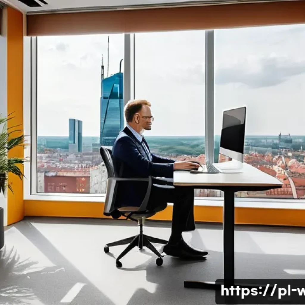 웰빙코디네이터와 건강 생활 습관 통계 - A cozy modern office setting in Poland with ergonomic furniture: an adjustable desk and ergonomic ch...