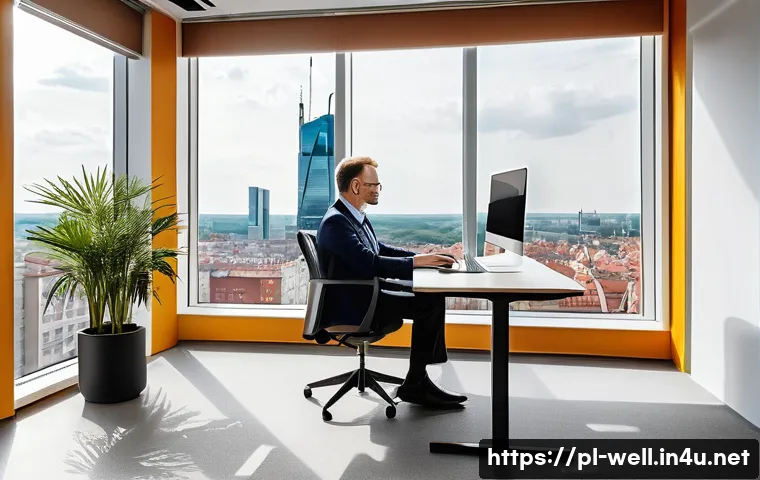 웰빙코디네이터와 건강 생활 습관 통계 - A cozy modern office setting in Poland with ergonomic furniture: an adjustable desk and ergonomic ch...