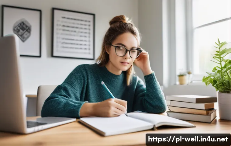 웰빙코디네이터 자격증 공부 커뮤니티 - A focused young adult woman studying at a modern desk in a bright, cozy home office with natural lig...