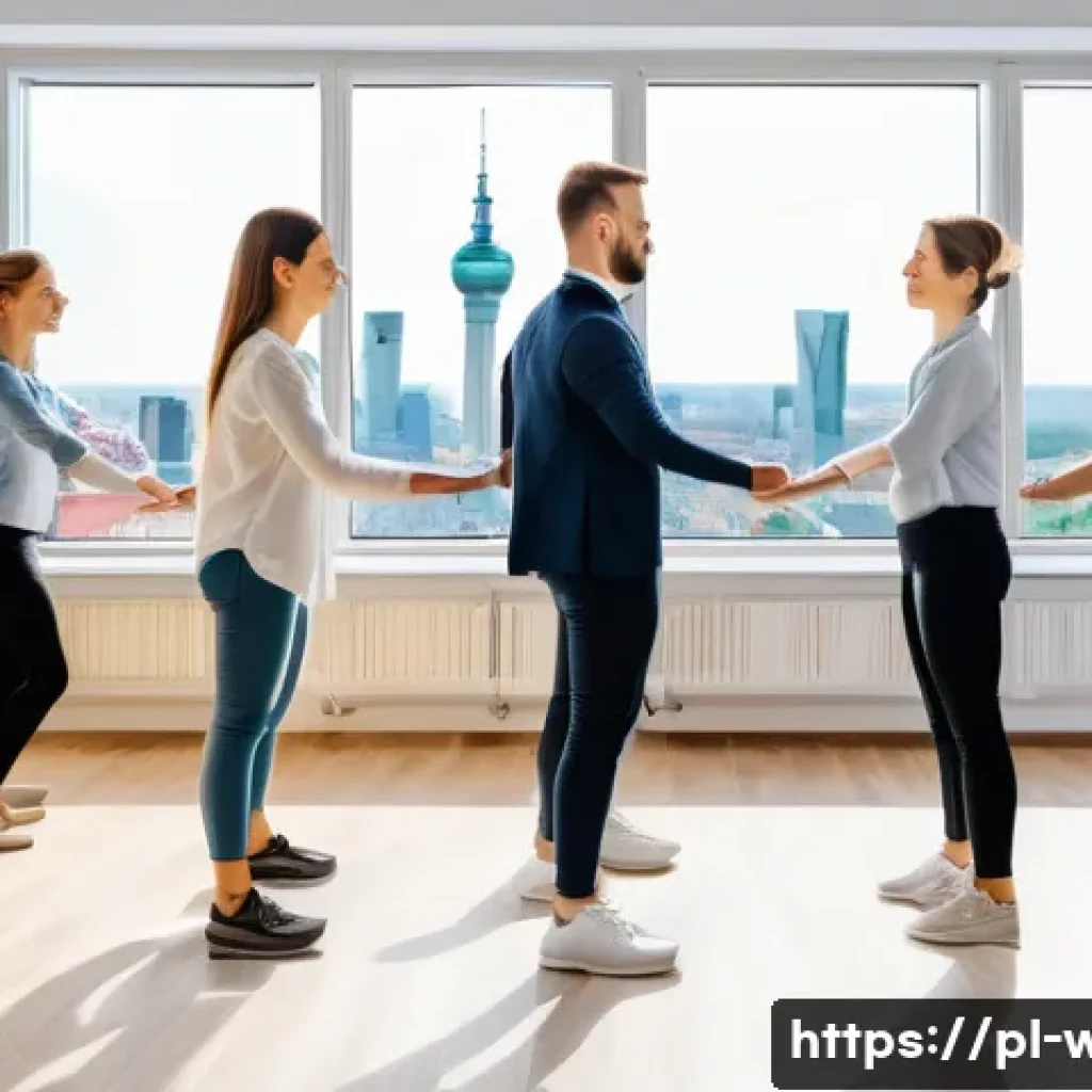 웰빙코디네이터와 리더십 코칭 - A modern Polish office environment showing a diverse group of employees engaged in a wellness activi...