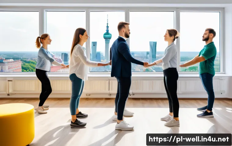 웰빙코디네이터와 리더십 코칭 - A modern Polish office environment showing a diverse group of employees engaged in a wellness activi...