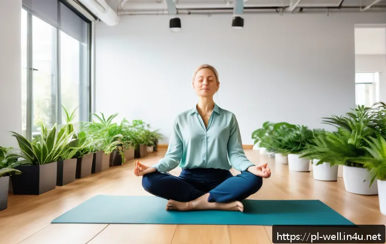 웰빙코디네이터의 하루 - A modern office wellness coordinator leading a morning meditation session in a bright, airy conferen...