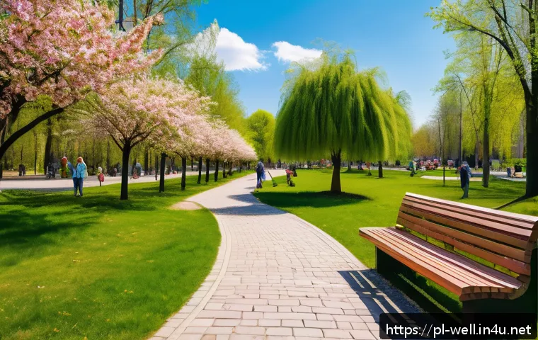 웰빙코디네이터가 주도한 프로젝트 사례 - A vibrant revitalized urban park in a small Polish town during a sunny spring day, featuring winding...
