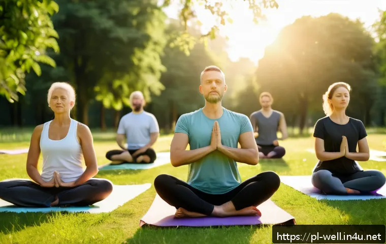 웰빙코디네이터와 최신 건강 정보 - A serene outdoor yoga session in a lush Polish park during early morning light, featuring a diverse ...