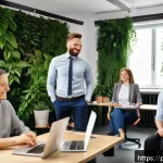 Home 22 웰빙코디네이터 실기 시험 체크리스트 - A modern office scene showing a diverse team of employees participating in a wellbeing workshop, sea...