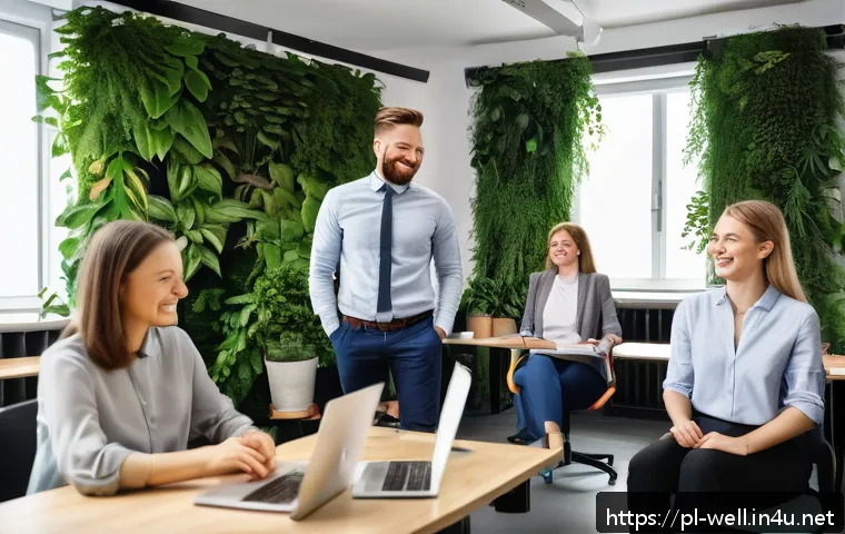 웰빙코디네이터 실기 시험 체크리스트 - A modern office scene showing a diverse team of employees participating in a wellbeing workshop, sea...