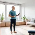 Home 21 웰빙코디네이터와 건강 관리 서비스 - A serene morning scene in a modern Polish apartment, featuring a middle-aged man doing gentle stretc...