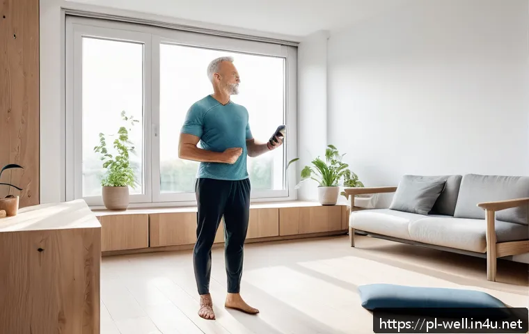 웰빙코디네이터와 건강 관리 서비스 - A serene morning scene in a modern Polish apartment, featuring a middle-aged man doing gentle stretc...