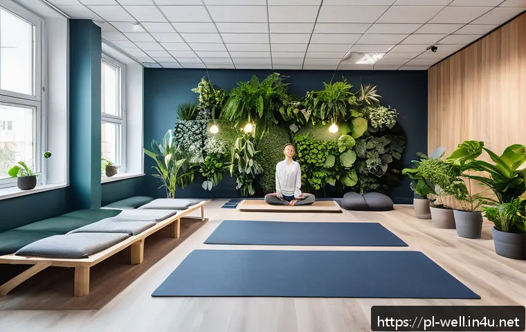 웰빙코디네이터와 기업 복지 설계 - A modern Polish office wellness room filled with natural light, featuring employees of diverse ages ...