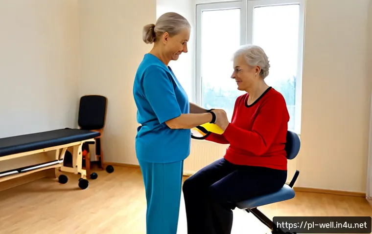 Home 30 웰빙코디네이터와 운동 재활 프로그램 - Photorealistic wellness coordinator guiding an older Polish adult through a gentle rehabilitation ex...