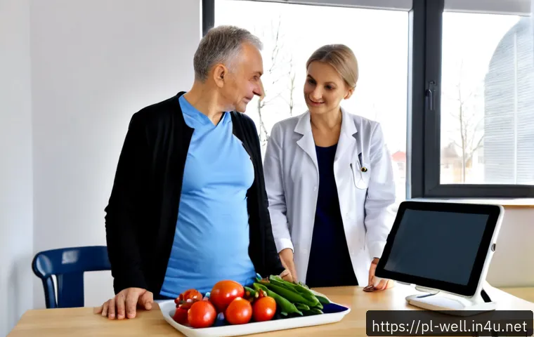 웰빙코디네이터와 최신 건강 뉴스 - Photorealistic wellness coordinator in a bright modern Polish health clinic, warmly guiding an older...